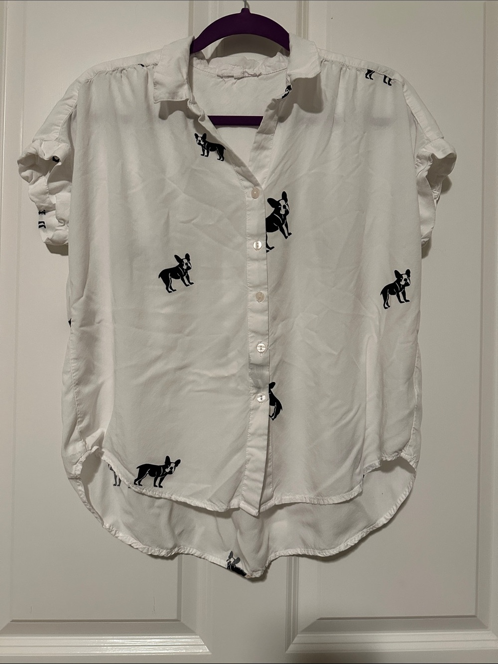 Jane and Delancey White Button-Front Short Sleeve Blouse with Dog Print Large